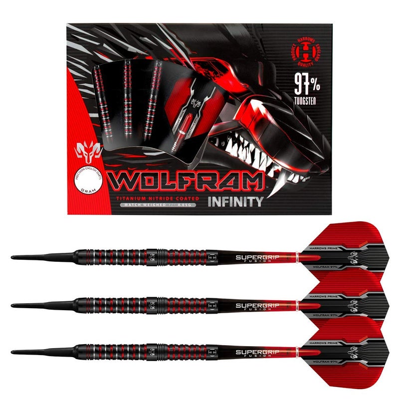 Harrows Wolfram Infinity 97% Tungsten Soft Tip Darts Set | 18g and 20g | Includes Supergrip Fusion Shafts and 100 Micron Prime Flights (18g) - Image 1